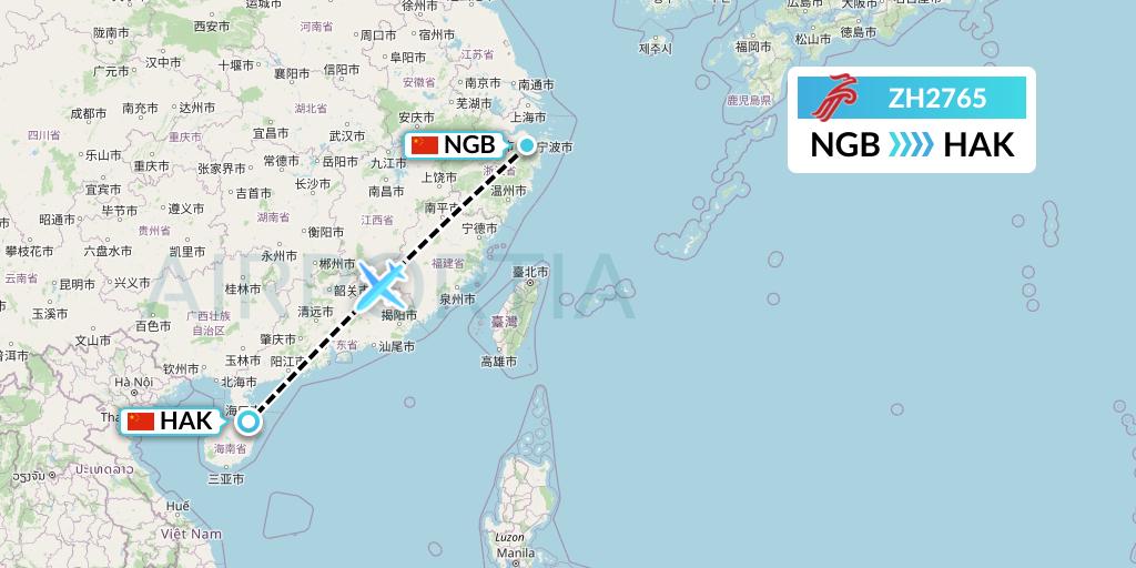 ZH2765 Shenzhen Airlines Flight Map: Ningbo to Haikou