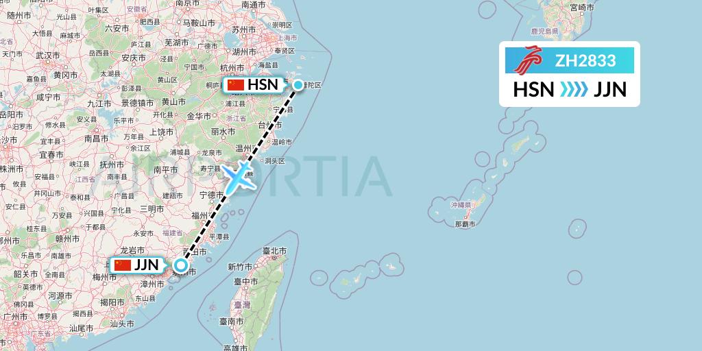 ZH2833 Shenzhen Airlines Flight Map: Zhoushan to Jinjiang