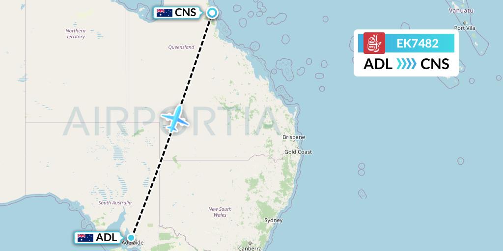 EK7482 Emirates Flight Map: Adelaide to Cairns
