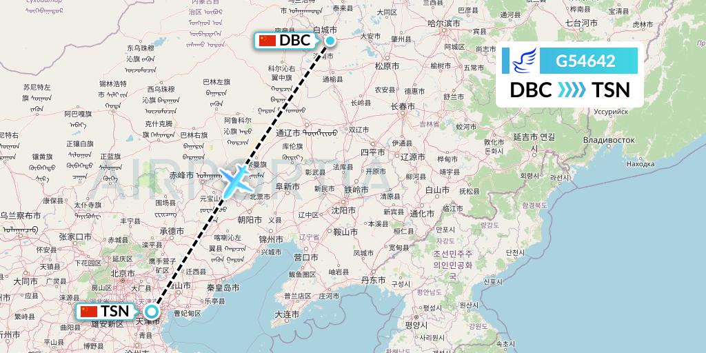 G54642 China Express Airlines Flight Map: Jilin to Tianjin