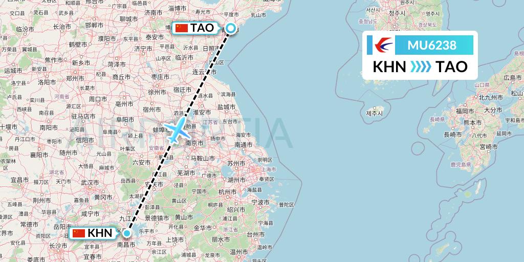 MU6238 China Eastern Airlines Flight Map: Nanchang to Qingdao
