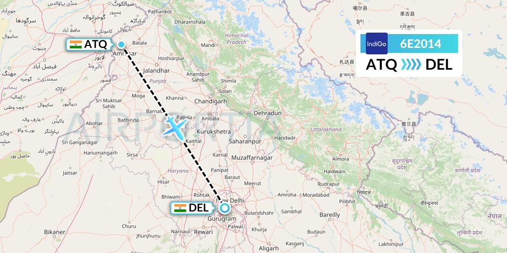 6E2014 IndiGo Airlines Flight Map: Amritsar to Delhi