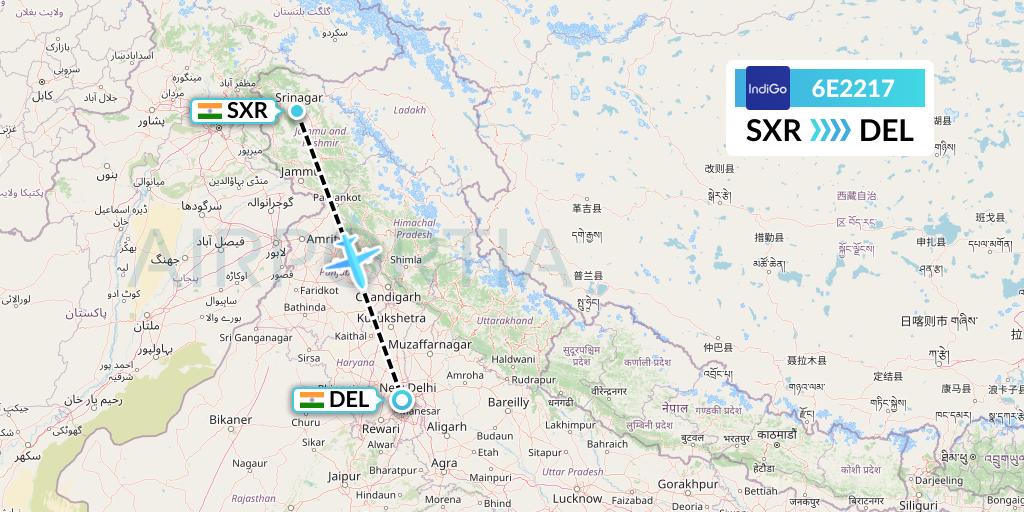 6E2217 IndiGo Airlines Flight Map: Srinagar to Delhi