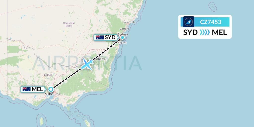 CZ7453 China Southern Airlines Flight Map: Sydney to Melbourne