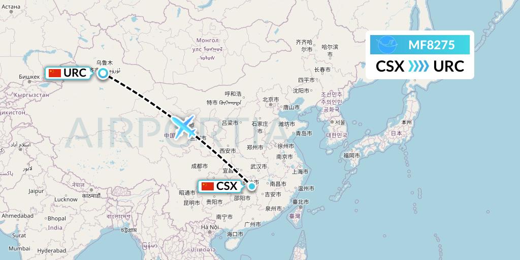 MF8275 Xiamen Airlines Flight Map: Changsha to Urumqi