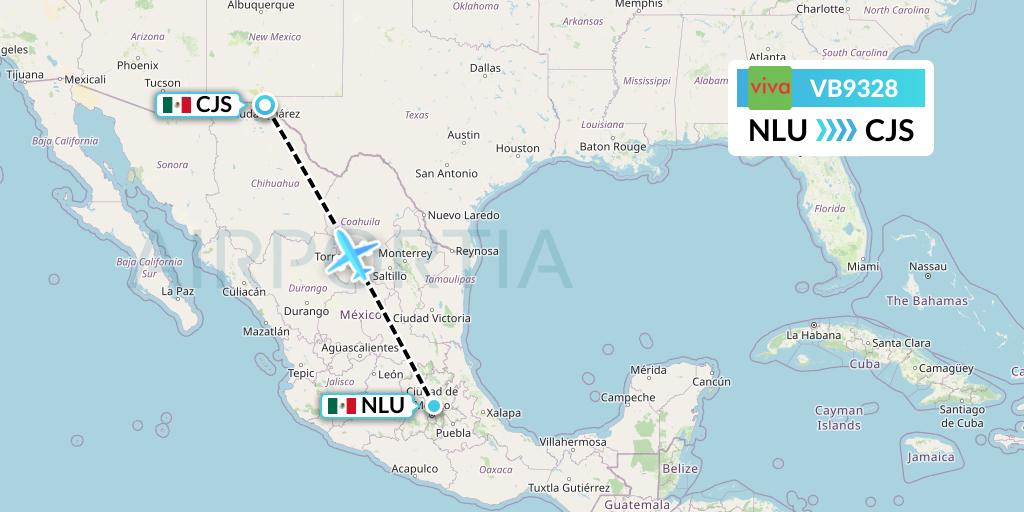 VB9328 VivaAerobus Flight Map: Reyes Acozac to Ciudad Juarez