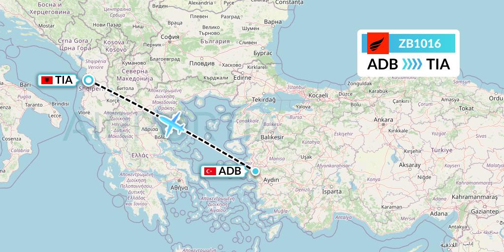 ZB1016 Air Albania Flight Map: Izmir to Tirana