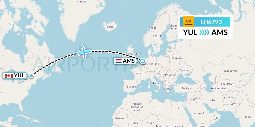 LH6793 Lufthansa Flight Map: Montreal to Amsterdam