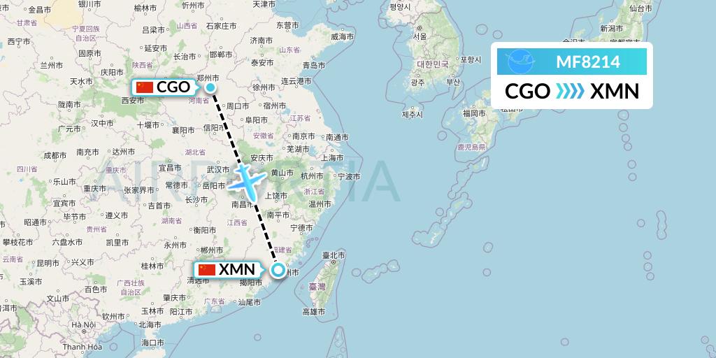 MF8214 Xiamen Airlines Flight Map: Zhengzhou to Xiamen