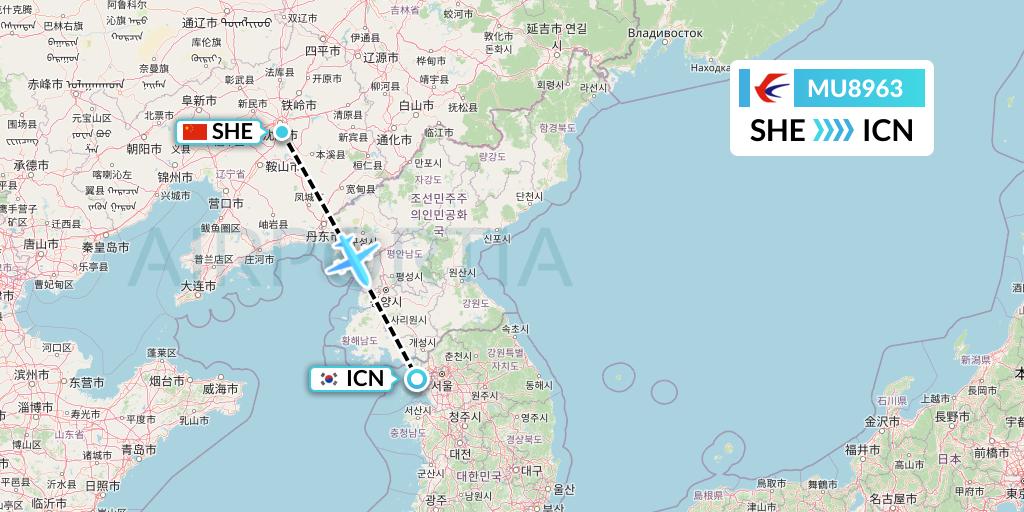 MU8963 China Eastern Airlines Flight Map: Shenyang to Seoul