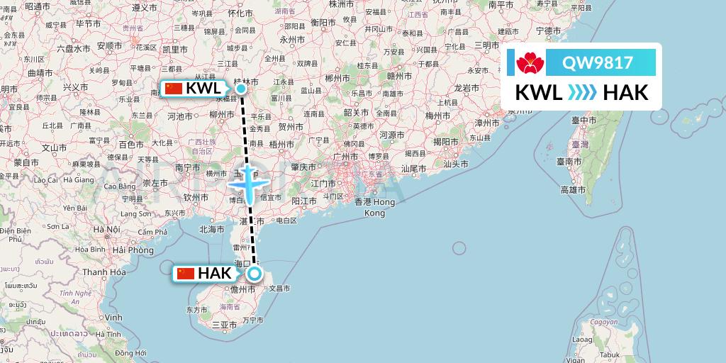QW9817 Qingdao Airlines Flight Map: Guilin to Haikou