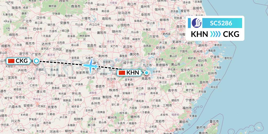 SC5286 Shandong Airlines Flight Map: Nanchang to Chongqing