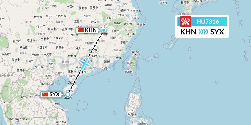 HU7316 Hainan Airlines Flight Map: Nanchang to Sanya