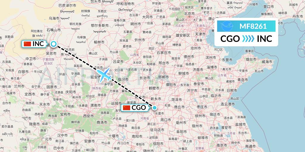 MF8261 Xiamen Airlines Flight Map: Zhengzhou to Yinchuan