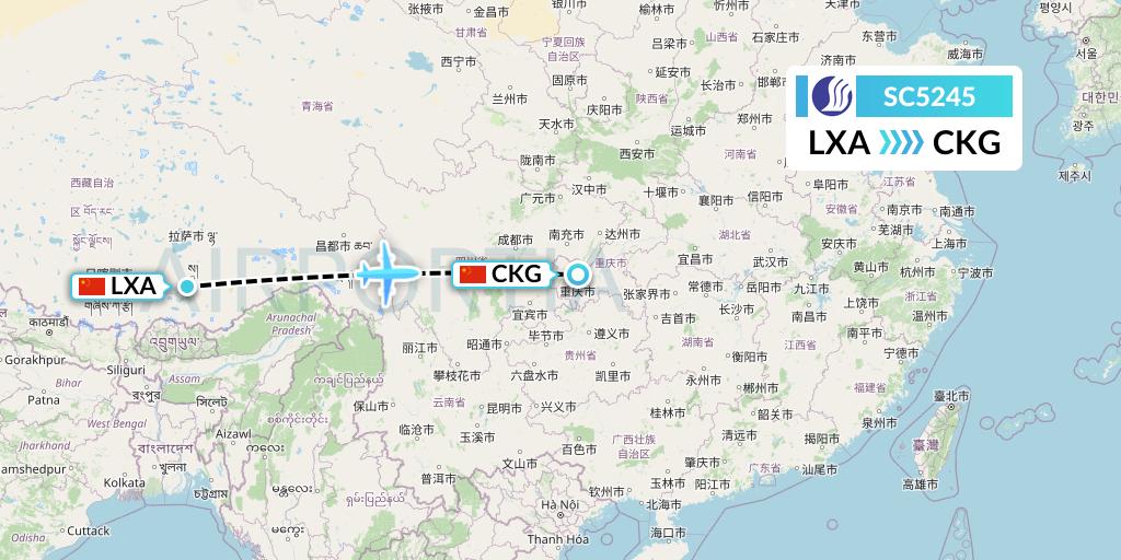 SC5245 Shandong Airlines Flight Map: Lhasa to Chongqing
