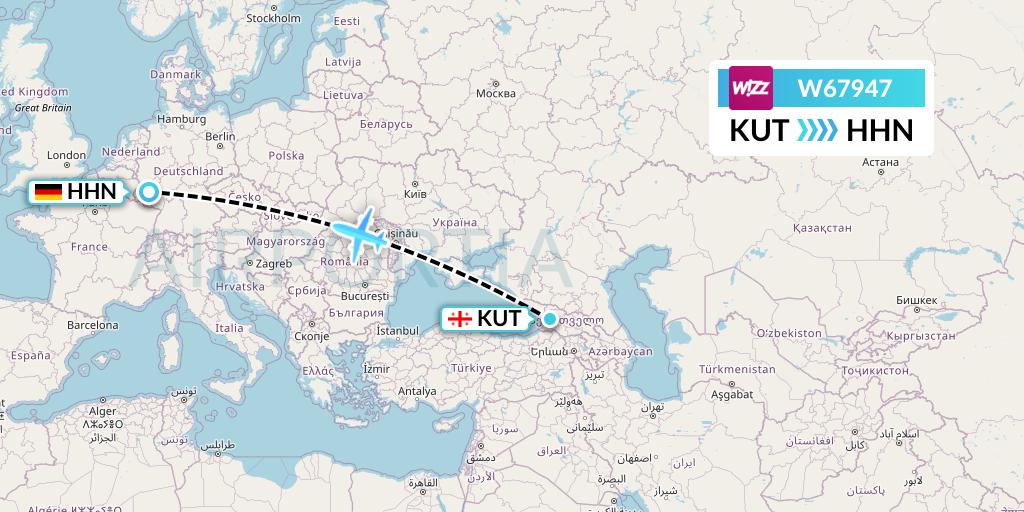 W67947 Wizz Air Flight Map: Kutaisi to Hahn