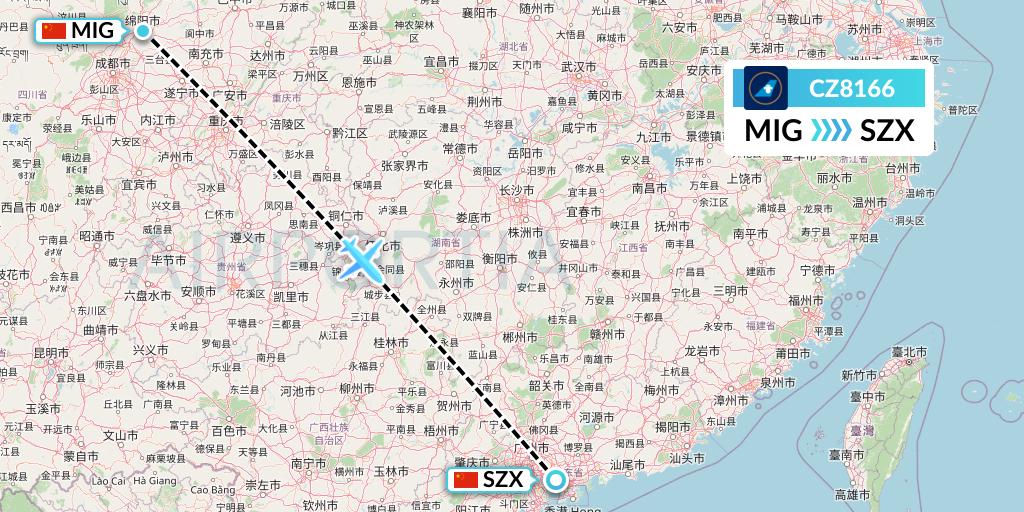 CZ8166 China Southern Airlines Flight Map: Mianyang to Shenzhen