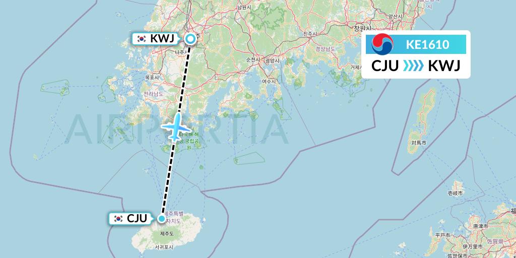 KE1610 Korean Air Flight Map: Jeju to Gwangju