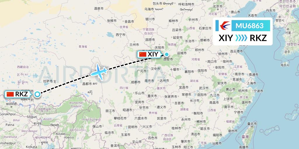 MU6863 China Eastern Airlines Flight Map: Xi'an to Shigatse