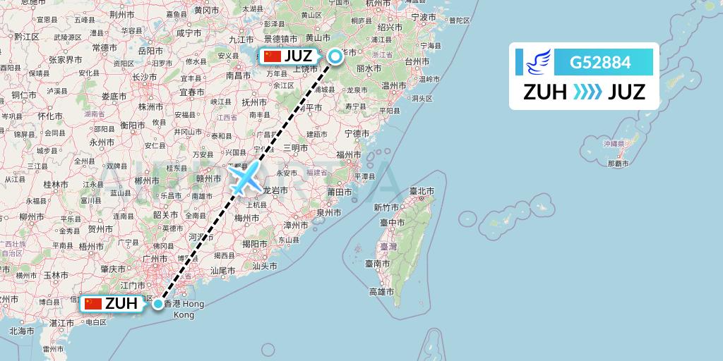 G52884 China Express Airlines Flight Map: Zhuhai to Quzhou