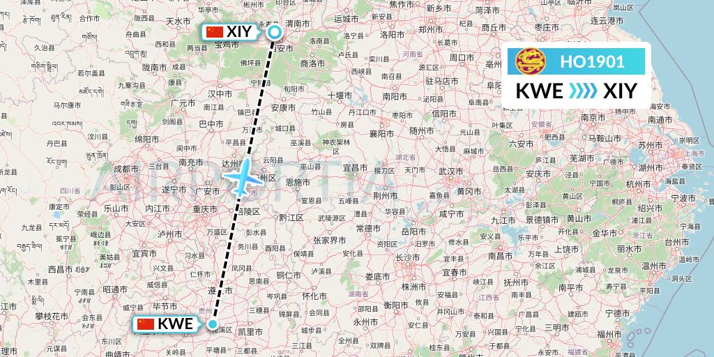 HO1901 Juneyao Airlines Flight Map: Guiyang to Xi'an