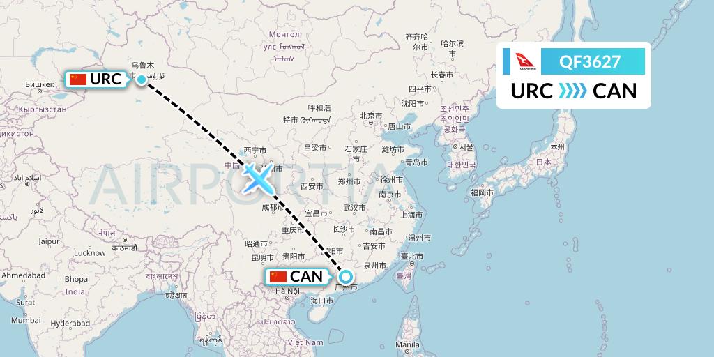 QF3627 Qantas Flight Map: Urumqi to Guangzhou