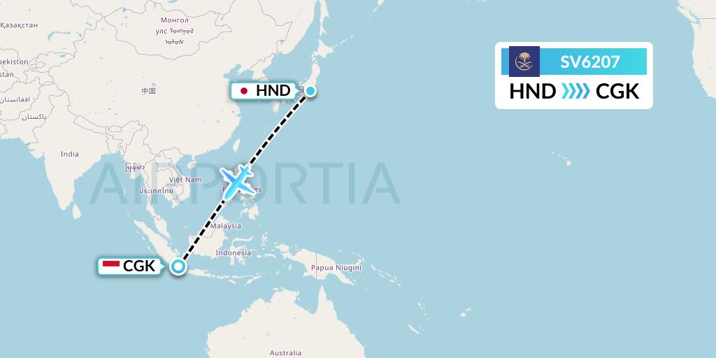 SV6207 Saudi Arabian Airlines Flight Map: Tokyo to Jakarta