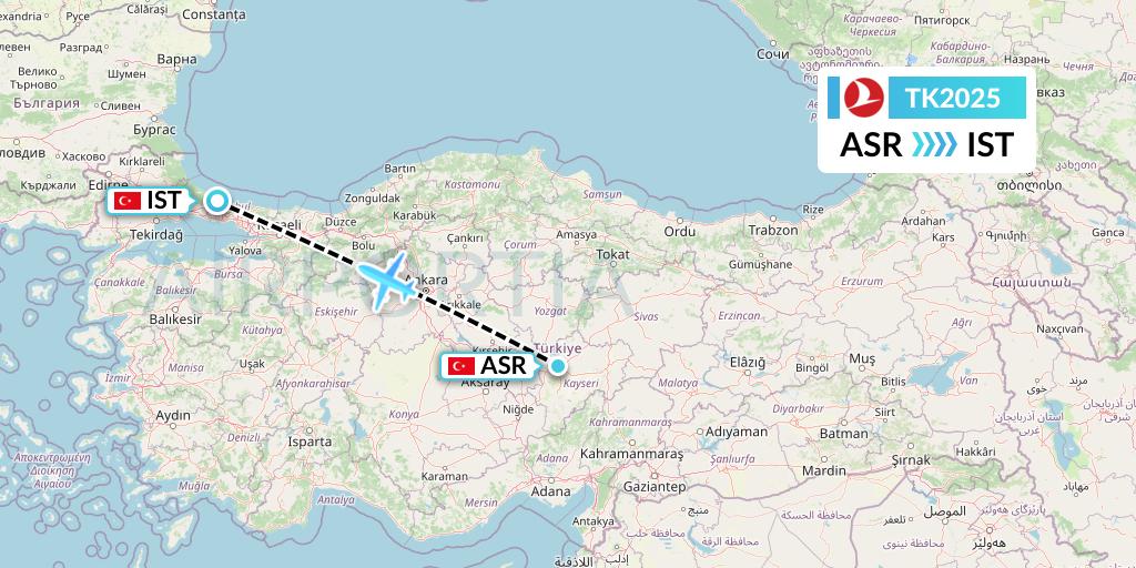 TK2025 Turkish Airlines Flight Map: Kayseri to Istanbul
