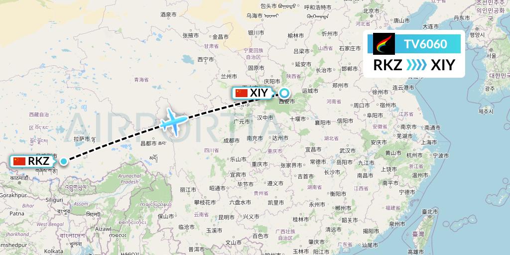 TV6060 Tibet Airlines Flight Map: Shigatse to Xi'an