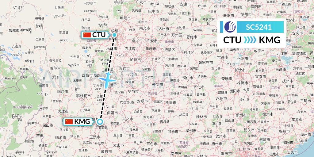 SC5241 Shandong Airlines Flight Map: Chengdu to Kunming