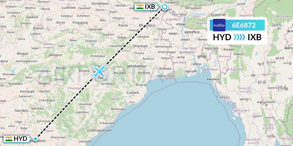 6E6872 IndiGo Airlines Flight Map: Hyderabad to Siliguri