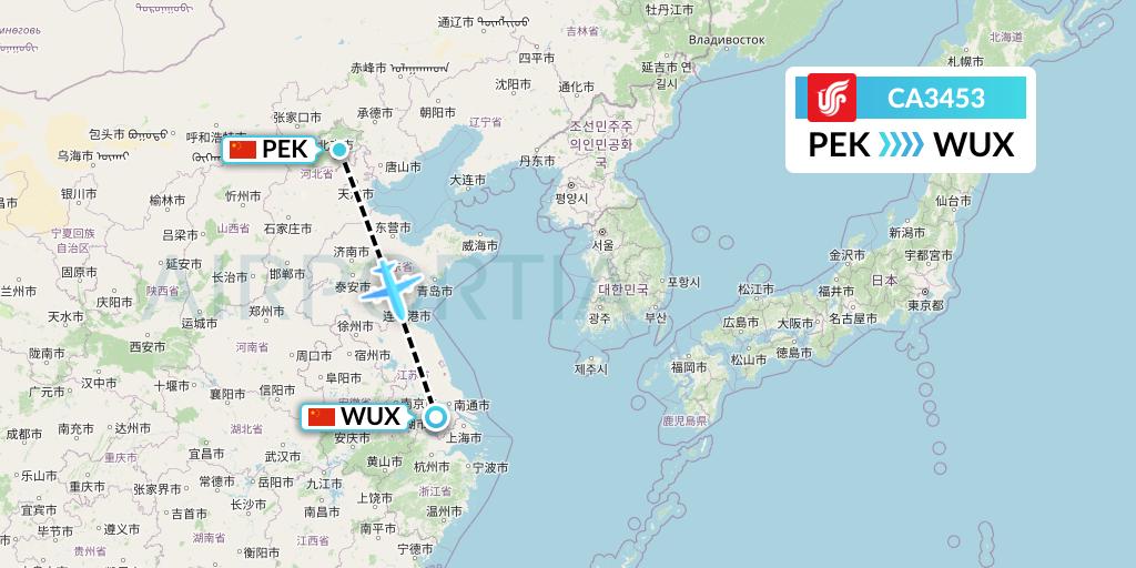 CA3453 Air China Flight Map: Beijing to Wuxi