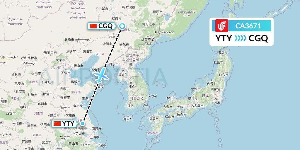 CA3671 Air China Flight Map: Yangzhou to Changchun