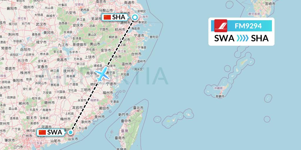 FM9294 Shanghai Airlines Flight Map: Jieyang to Shanghai