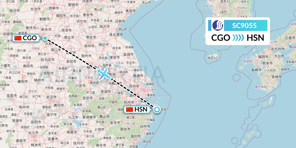 SC9055 Shandong Airlines Flight Map: Zhengzhou to Zhoushan