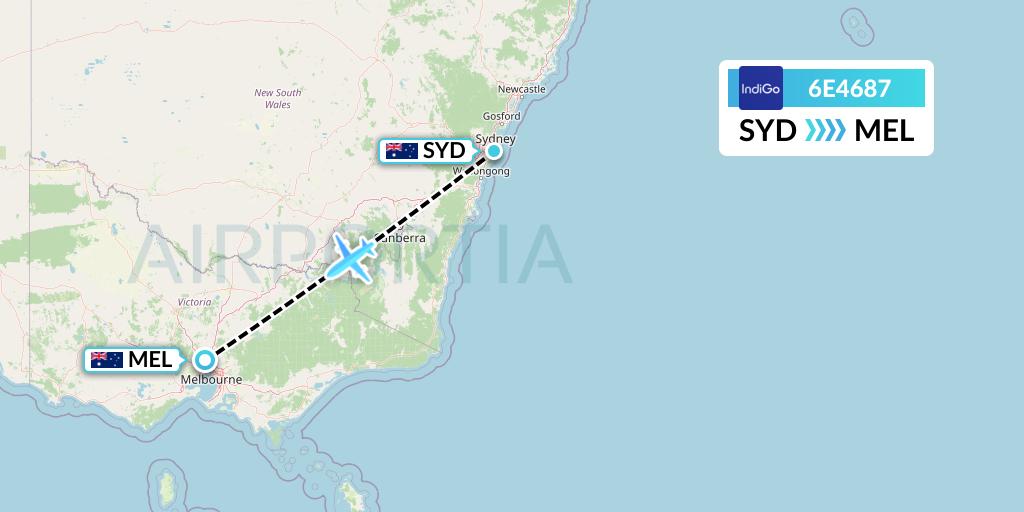 6E4687 IndiGo Airlines Flight Map: Sydney to Melbourne