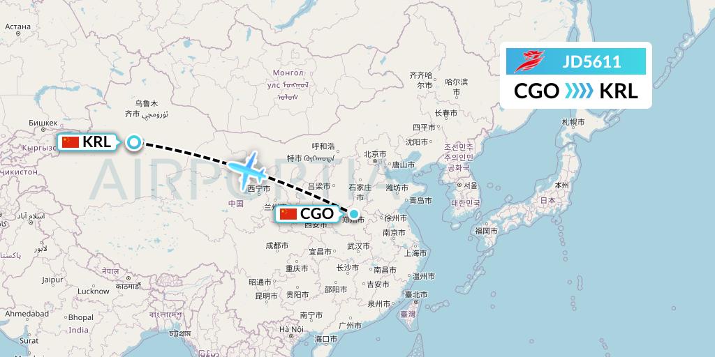 JD5611 Capital Airlines Flight Map: Zhengzhou to Korla