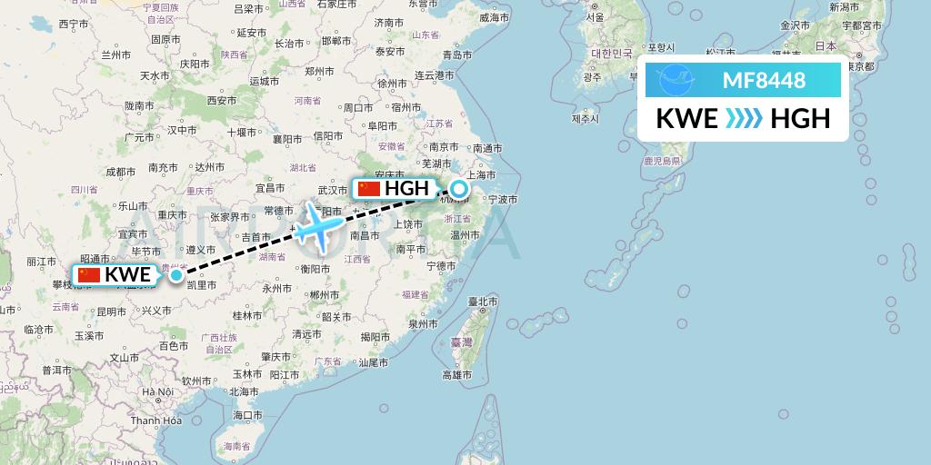 MF8448 Xiamen Airlines Flight Map: Guiyang to Hangzhou