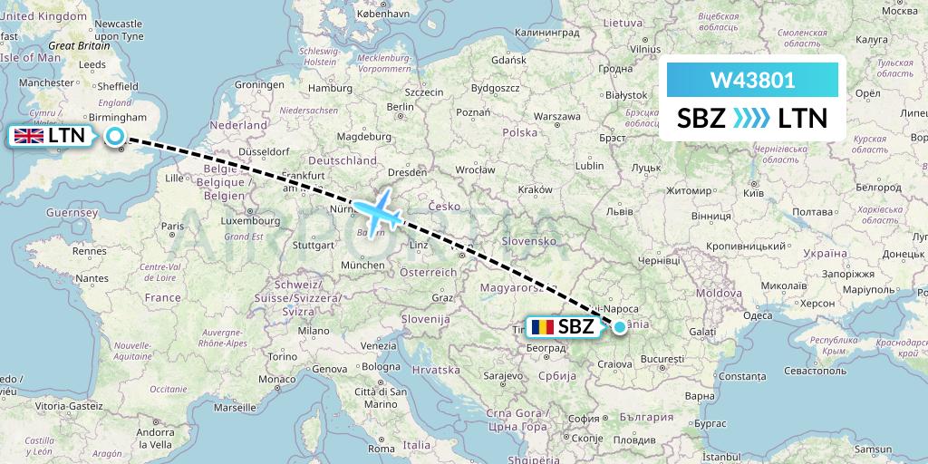 W43801 Wizz Air Malta Flight Map: Sibiu to London