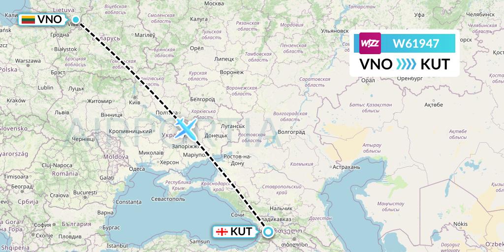 W61947 Wizz Air Flight Map: Vilnius to Kutaisi