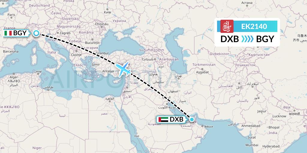 EK2140 Emirates Flight Map: Dubai to Milan