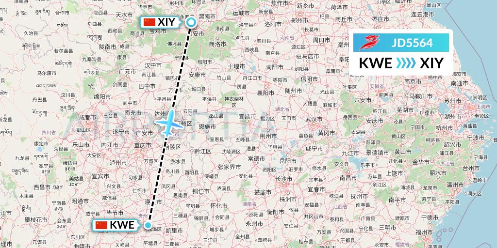 JD5564 Capital Airlines Flight Map: Guiyang to Xi'an