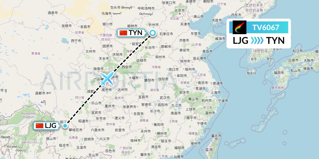 TV6067 Tibet Airlines Flight Map: Lijiang to Taiyuan