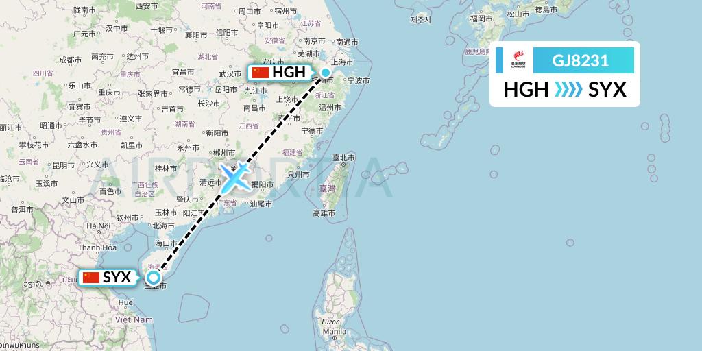 GJ8231 Loong Airlines Flight Map: Hangzhou to Sanya