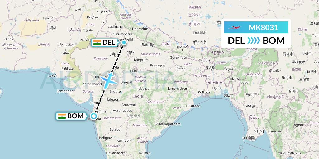 MK8031 Air Mauritius Flight Map: Delhi to Mumbai