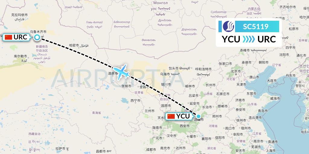 SC5119 Shandong Airlines Flight Map: Yuncheng to Urumqi
