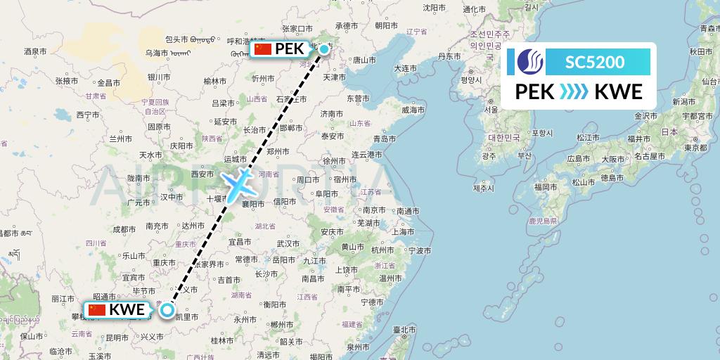 SC5200 Shandong Airlines Flight Map: Beijing to Guiyang