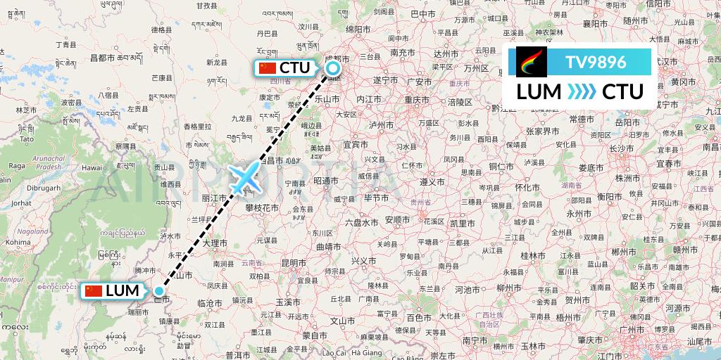 TV9896 Tibet Airlines Flight Map: Mangshi to Chengdu