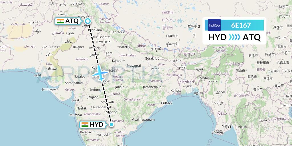 6E167 IndiGo Airlines Flight Map: Hyderabad to Amritsar