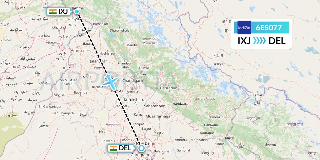 6E5077 IndiGo Airlines Flight Map: Jammu to Delhi
